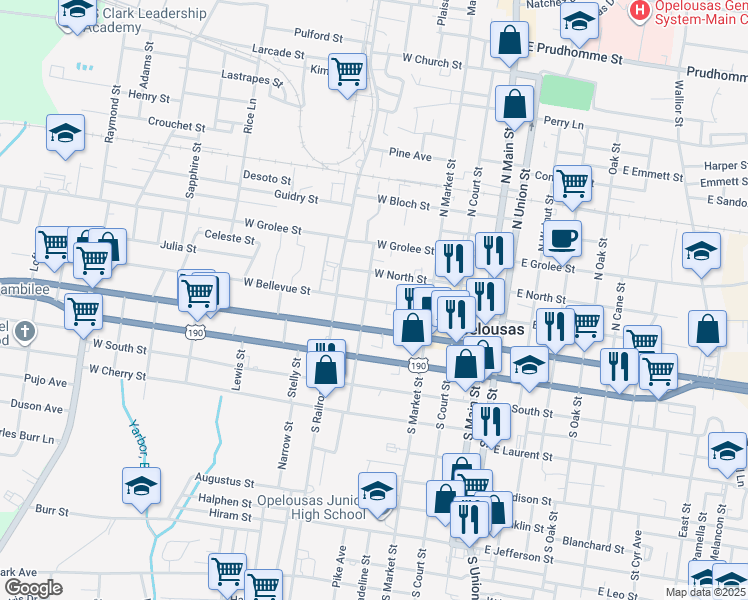 map of restaurants, bars, coffee shops, grocery stores, and more near 378 West Bellevue Street in Opelousas