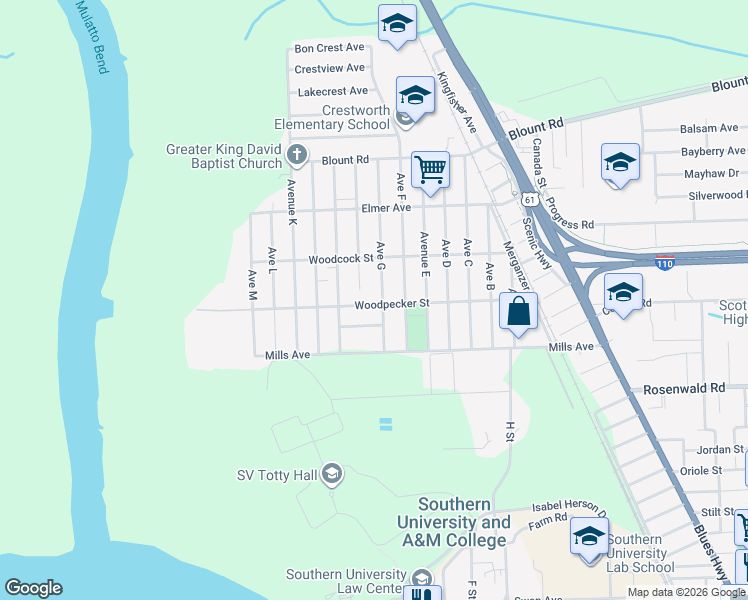 map of restaurants, bars, coffee shops, grocery stores, and more near 333 Flicker Street in Baton Rouge
