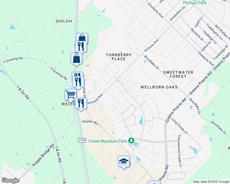 map of restaurants, bars, coffee shops, grocery stores, and more near 15303 Lowry Meadow Lane in College Station