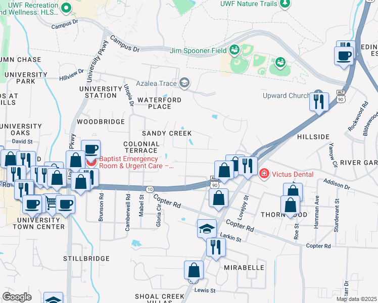 map of restaurants, bars, coffee shops, grocery stores, and more near 9640 Sandpiper Street in Pensacola