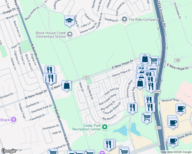 map of restaurants, bars, coffee shops, grocery stores, and more near 809 Brazos Bend Drive in Cedar Park