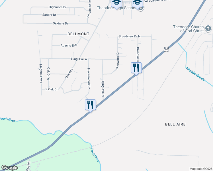 map of restaurants, bars, coffee shops, grocery stores, and more near 7531 Tung Avenue North in Theodore