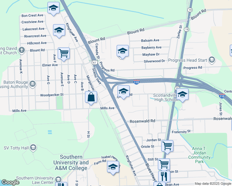 map of restaurants, bars, coffee shops, grocery stores, and more near 9766 Scenic Highway in Baton Rouge