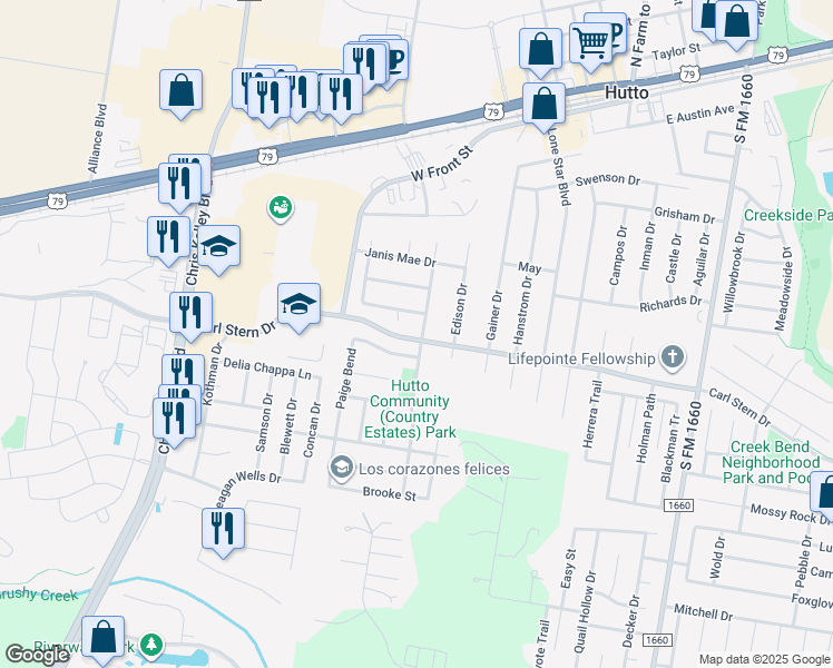 map of restaurants, bars, coffee shops, grocery stores, and more near 101 North Pauley Drive in Hutto