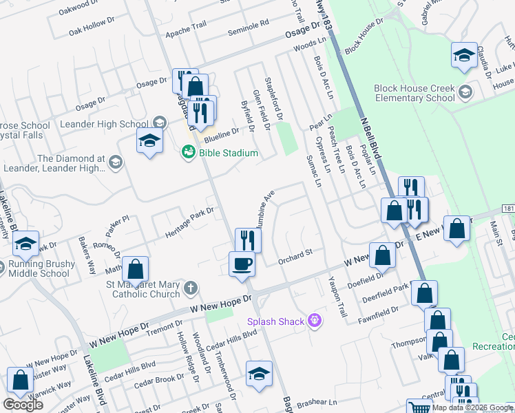 map of restaurants, bars, coffee shops, grocery stores, and more near 633 Columbine Avenue in Cedar Park