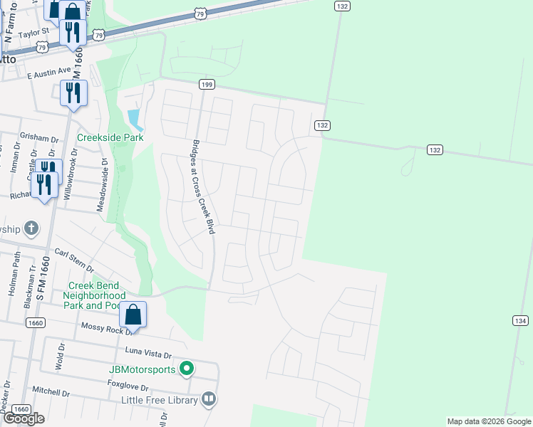 map of restaurants, bars, coffee shops, grocery stores, and more near 3750 County Road 132 in Hutto