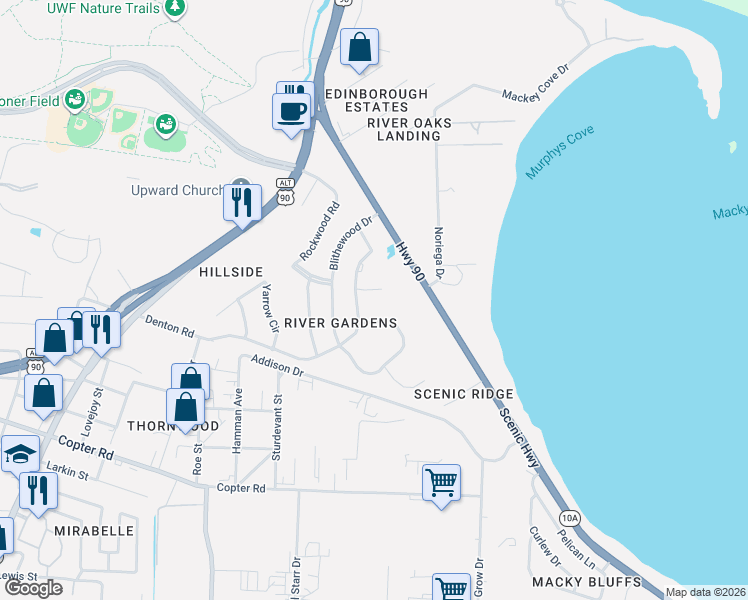 map of restaurants, bars, coffee shops, grocery stores, and more near 3489 River Gardens Circle in Pensacola