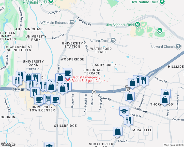 map of restaurants, bars, coffee shops, grocery stores, and more near 9550 Mabel Street in Pensacola