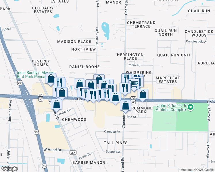 map of restaurants, bars, coffee shops, grocery stores, and more near 210 East 9 Mile Road in Pensacola