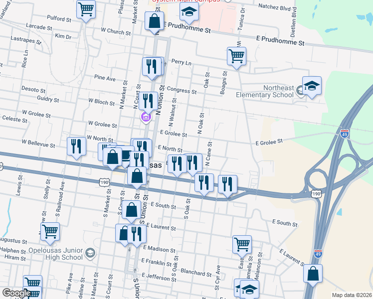 map of restaurants, bars, coffee shops, grocery stores, and more near 501-599 East North Street in Opelousas