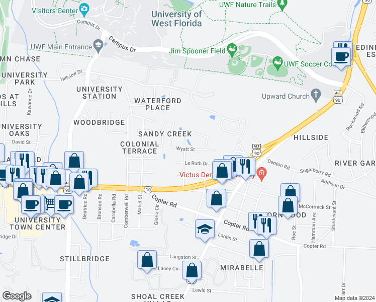 map of restaurants, bars, coffee shops, grocery stores, and more near 2405 Wyatt Street in Pensacola