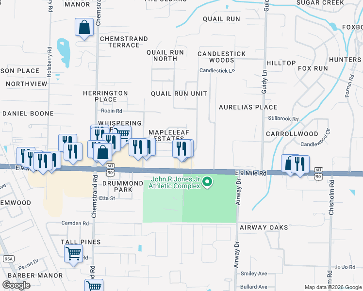 map of restaurants, bars, coffee shops, grocery stores, and more near 596 East 9 Mile Road in Pensacola
