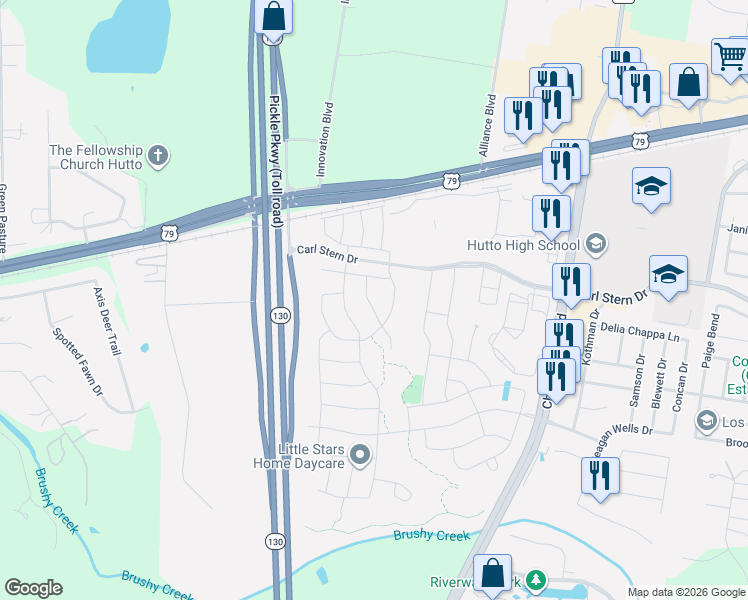 map of restaurants, bars, coffee shops, grocery stores, and more near 501 Hereford Loop in Hutto