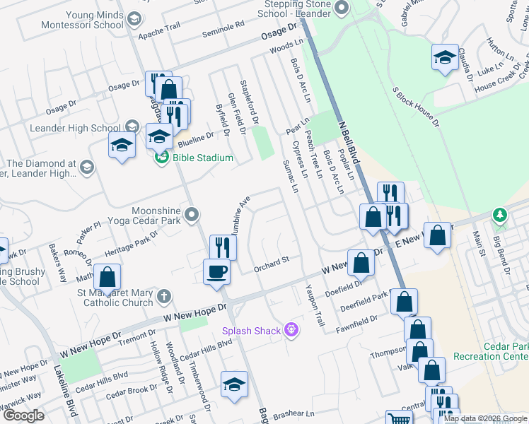 map of restaurants, bars, coffee shops, grocery stores, and more near 602 Amaryllis Avenue in Cedar Park