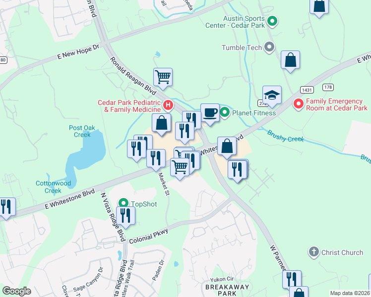 map of restaurants, bars, coffee shops, grocery stores, and more near 2901 East Whitestone Boulevard in Cedar Park