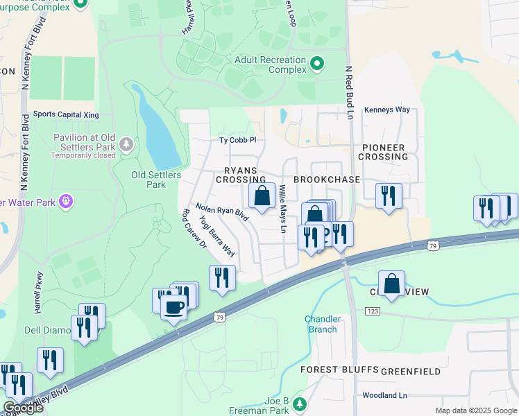 map of restaurants, bars, coffee shops, grocery stores, and more near 916 Fenway Park Court in Round Rock