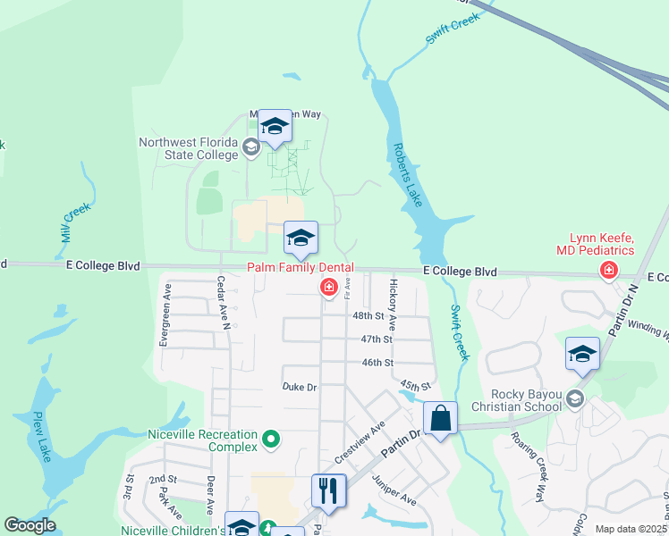 map of restaurants, bars, coffee shops, grocery stores, and more near 100 East College Boulevard in Niceville