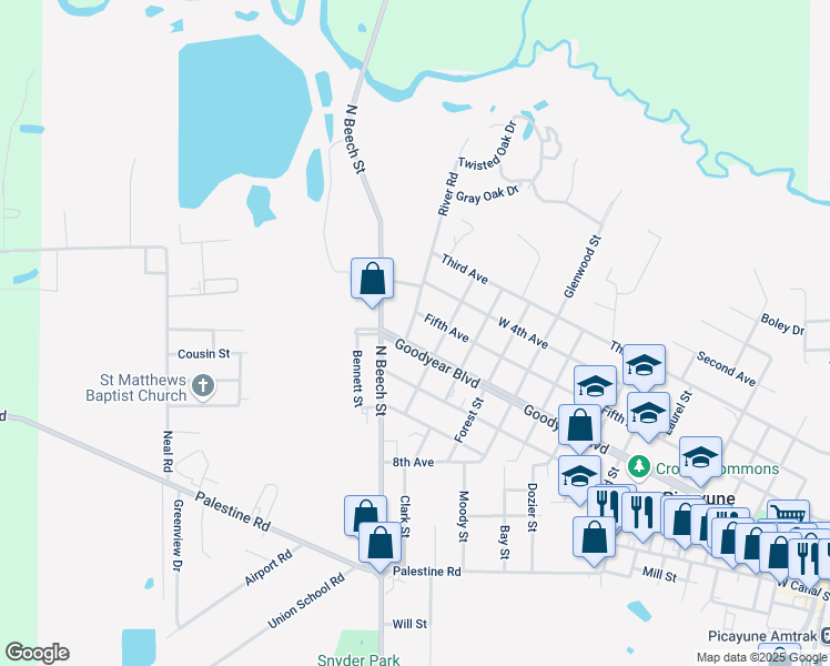 map of restaurants, bars, coffee shops, grocery stores, and more near 15 River Road in Picayune
