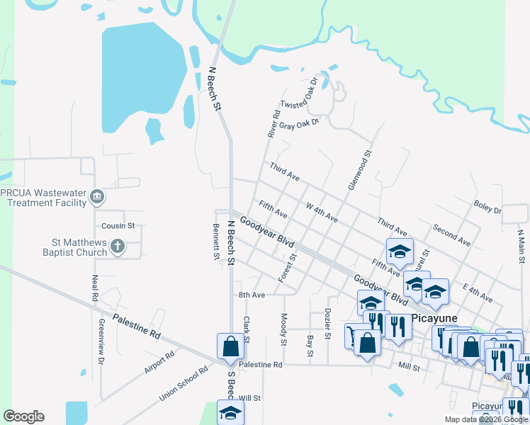 map of restaurants, bars, coffee shops, grocery stores, and more near 1600-1698 5th Avenue in Picayune