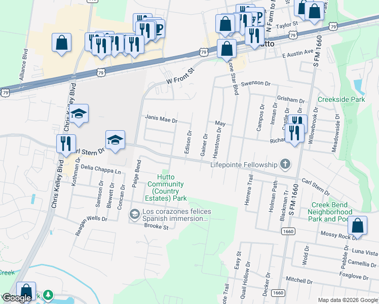 map of restaurants, bars, coffee shops, grocery stores, and more near 112 Edison Drive in Hutto