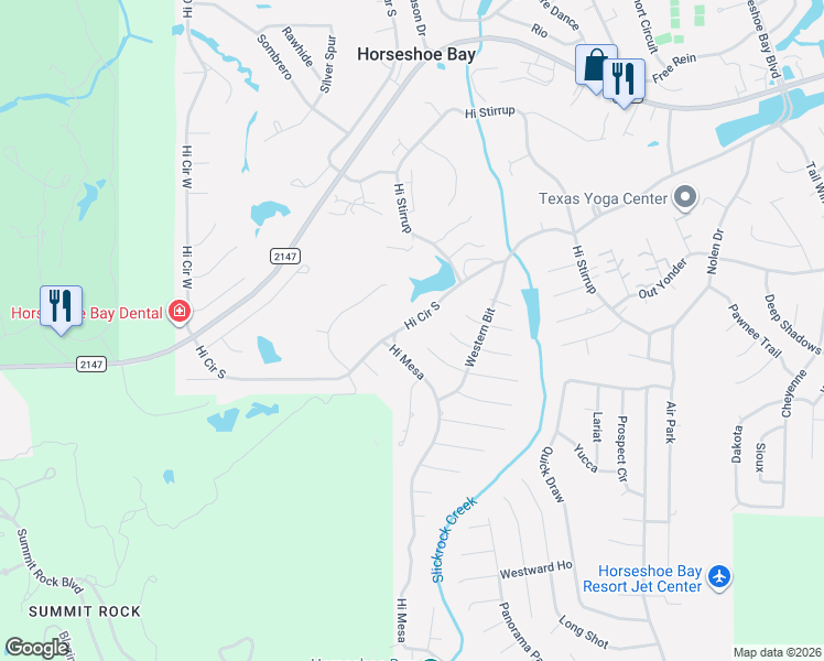 map of restaurants, bars, coffee shops, grocery stores, and more near 1100 Hi Circle South in Horseshoe Bay