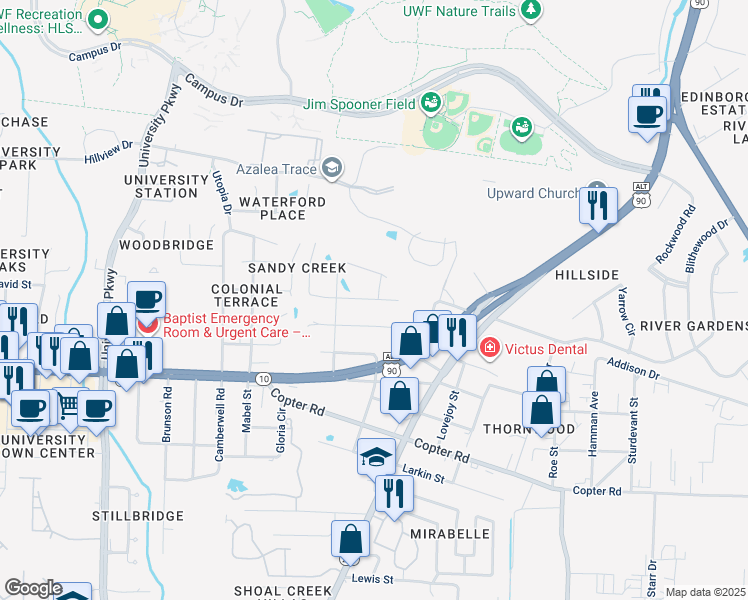 map of restaurants, bars, coffee shops, grocery stores, and more near 9711 Latham Street in Pensacola