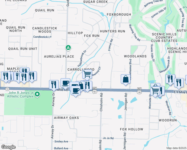 map of restaurants, bars, coffee shops, grocery stores, and more near 1101 Candlewood Circle in Pensacola