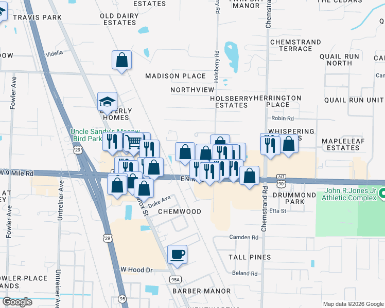 map of restaurants, bars, coffee shops, grocery stores, and more near 150 Holsberry Lane in Pensacola