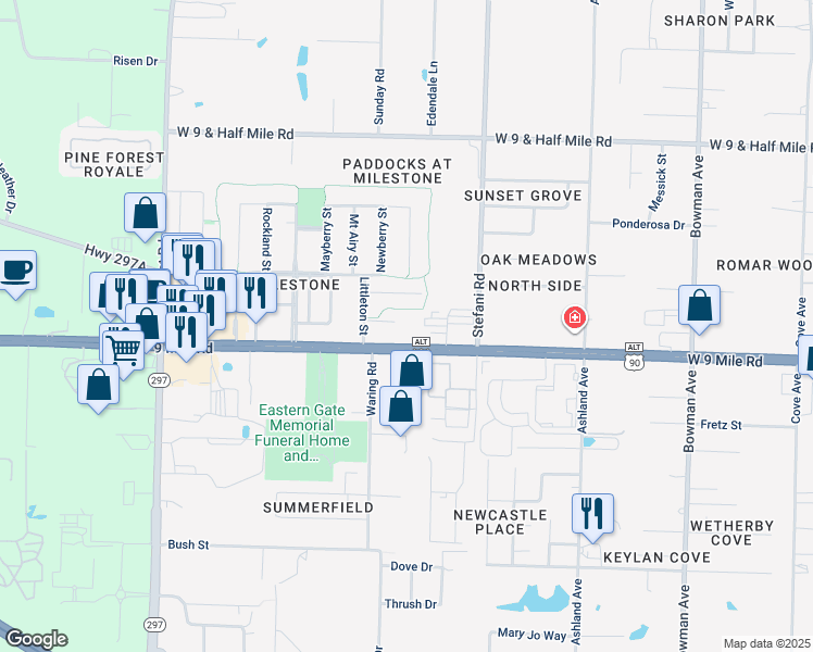 map of restaurants, bars, coffee shops, grocery stores, and more near 11 Easton Street in Cantonment