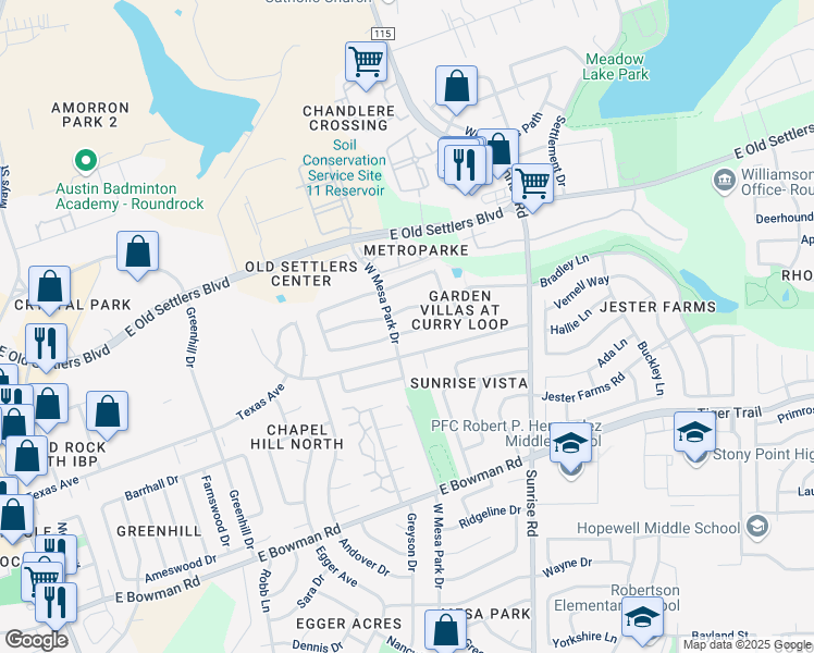 map of restaurants, bars, coffee shops, grocery stores, and more near 804 Saunders Drive in Round Rock