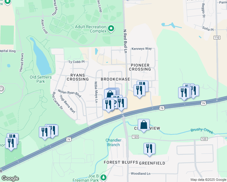 map of restaurants, bars, coffee shops, grocery stores, and more near 1137 Alexandria Way in Round Rock