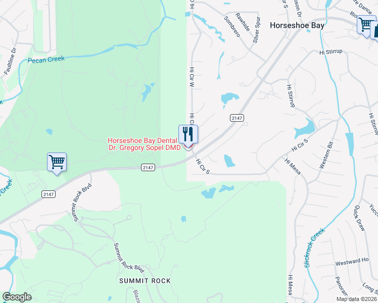 map of restaurants, bars, coffee shops, grocery stores, and more near 9000 Ranch to Market Road 2147 in Horseshoe Bay