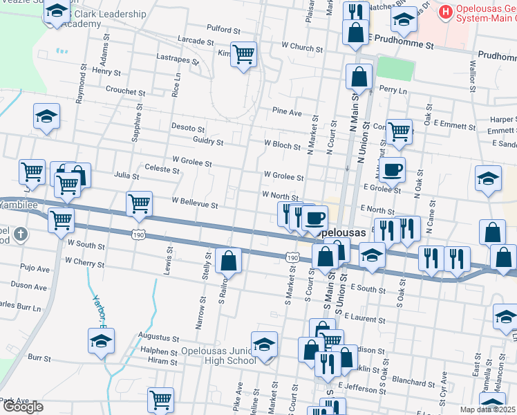 map of restaurants, bars, coffee shops, grocery stores, and more near 378 West Bellevue Street in Opelousas