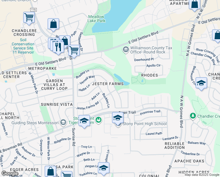 map of restaurants, bars, coffee shops, grocery stores, and more near 2658 Bradley Lane in Round Rock