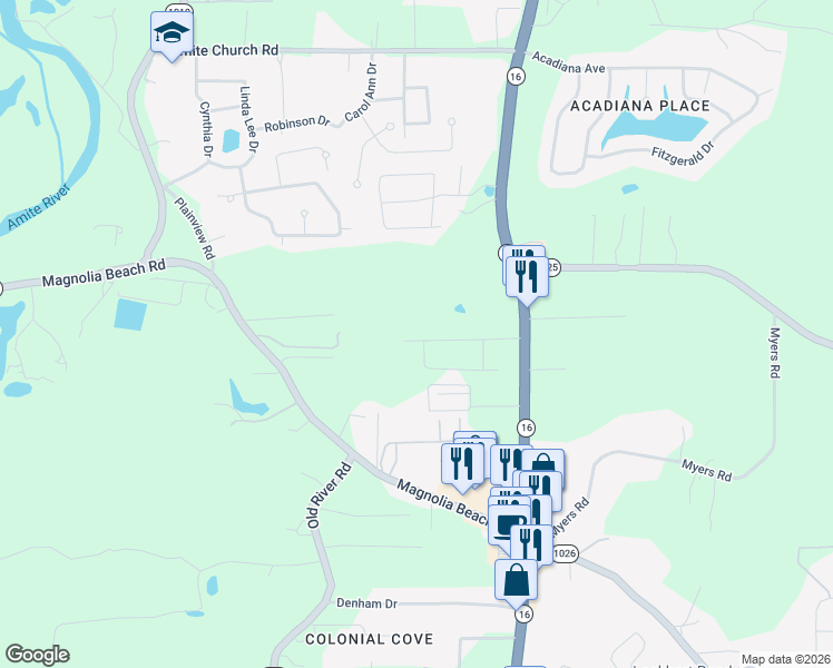 map of restaurants, bars, coffee shops, grocery stores, and more near 32203 Louisiana 16 in Denham Springs