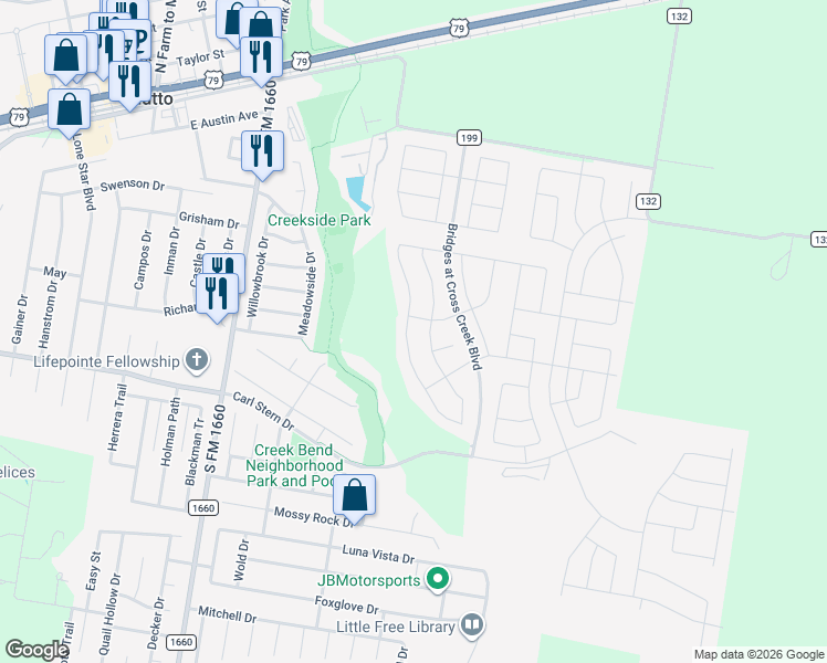 map of restaurants, bars, coffee shops, grocery stores, and more near 124 Grasslands Trail in Hutto