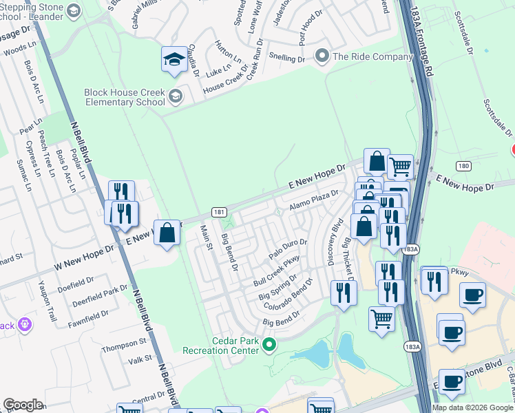 map of restaurants, bars, coffee shops, grocery stores, and more near 730 Lost Pines Lane in Cedar Park