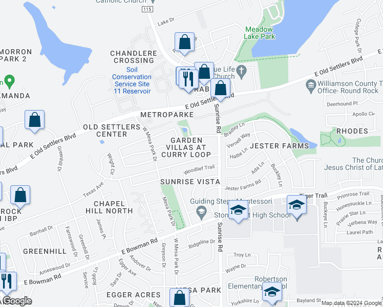 map of restaurants, bars, coffee shops, grocery stores, and more near 2415B Curry Loop in Round Rock