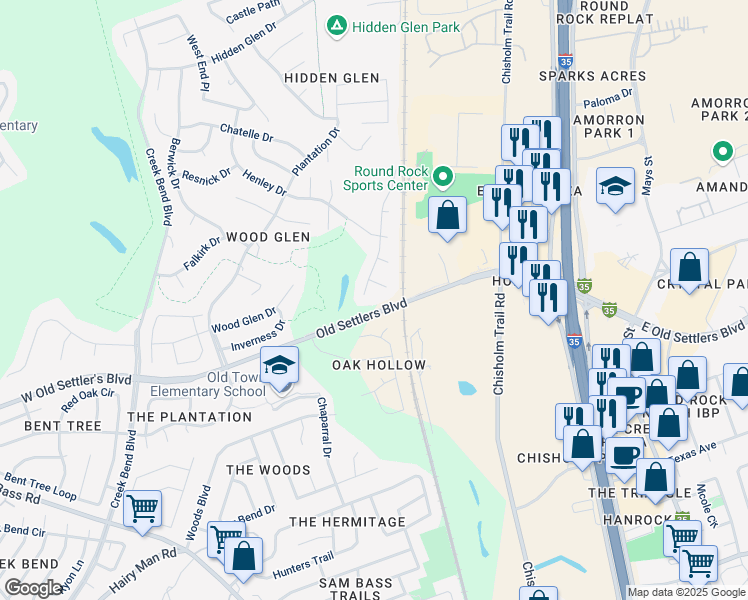 map of restaurants, bars, coffee shops, grocery stores, and more near 1310 Becca Teal Place in Round Rock