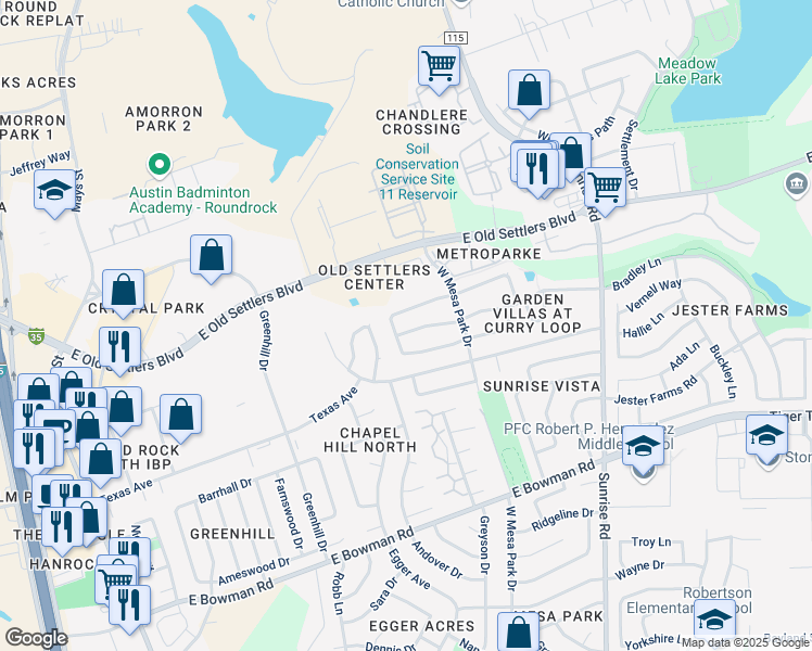 map of restaurants, bars, coffee shops, grocery stores, and more near 604 David Curry Drive in Round Rock