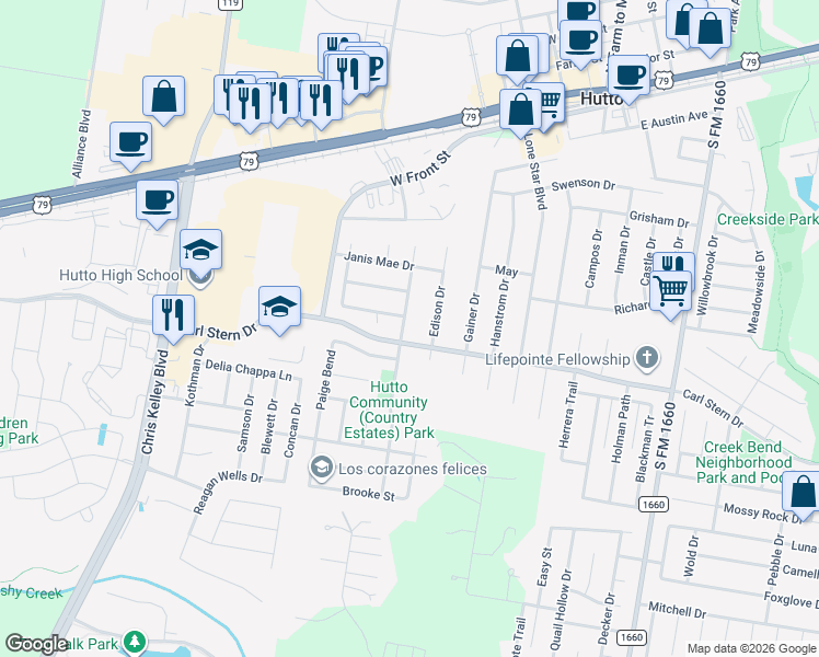 map of restaurants, bars, coffee shops, grocery stores, and more near 200 North Pauley Drive in Hutto