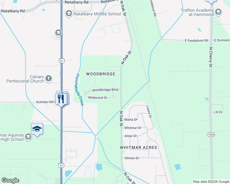 map of restaurants, bars, coffee shops, grocery stores, and more near 106 Woodbridge Boulevard in Hammond