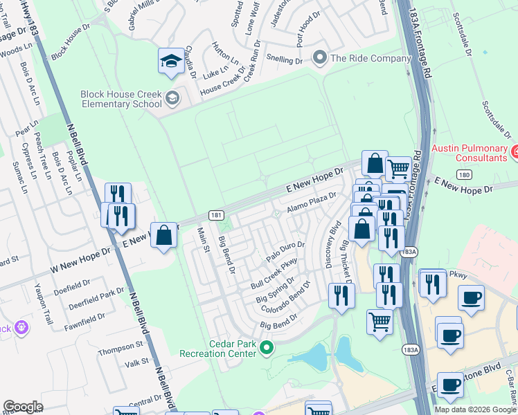 map of restaurants, bars, coffee shops, grocery stores, and more near 800 Lost Pines Lane in Cedar Park