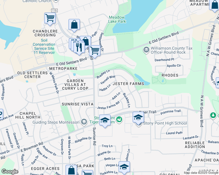 map of restaurants, bars, coffee shops, grocery stores, and more near 2402 Hallie Lane in Round Rock