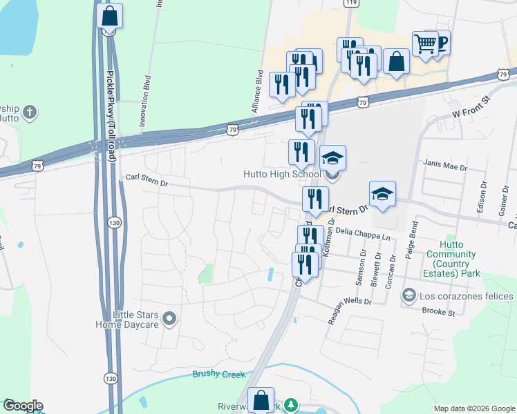 map of restaurants, bars, coffee shops, grocery stores, and more near 300 Carl Stern Drive in Hutto