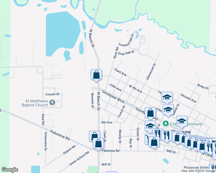 map of restaurants, bars, coffee shops, grocery stores, and more near 15-99 River Road in Picayune