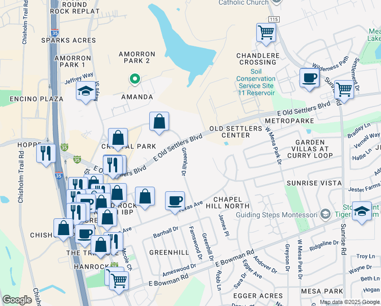 map of restaurants, bars, coffee shops, grocery stores, and more near 2300 Greenhill Drive in Round Rock