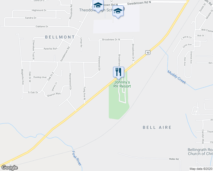 map of restaurants, bars, coffee shops, grocery stores, and more near 6270 U.S. 90 in Theodore