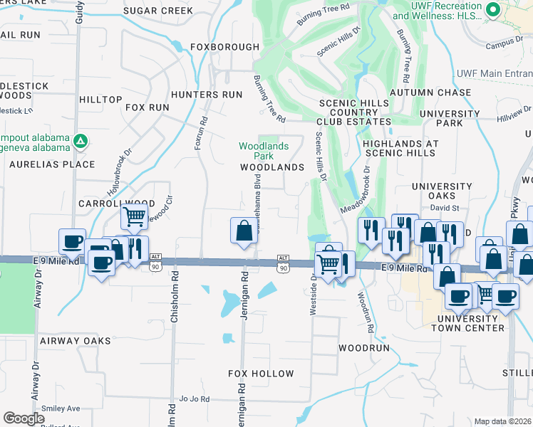 map of restaurants, bars, coffee shops, grocery stores, and more near 9767 Quail Hollow Circle in Pensacola