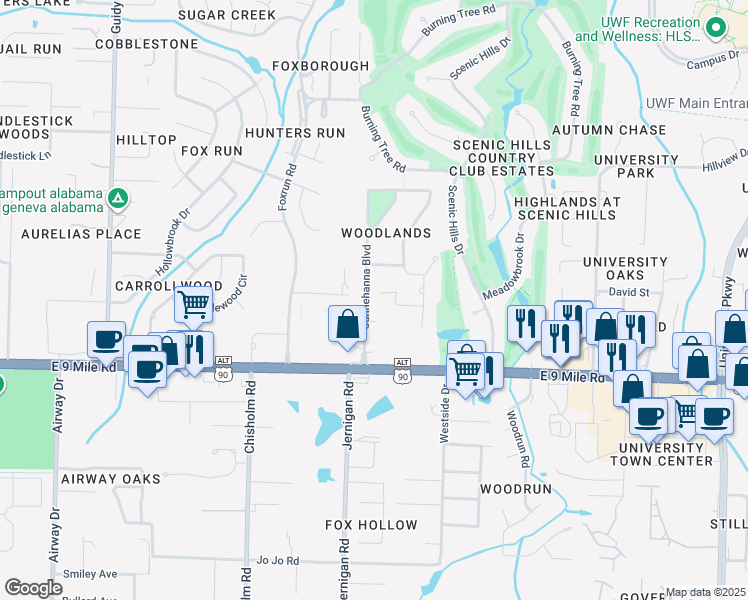 map of restaurants, bars, coffee shops, grocery stores, and more near 9767 Quail Hollow Circle in Pensacola